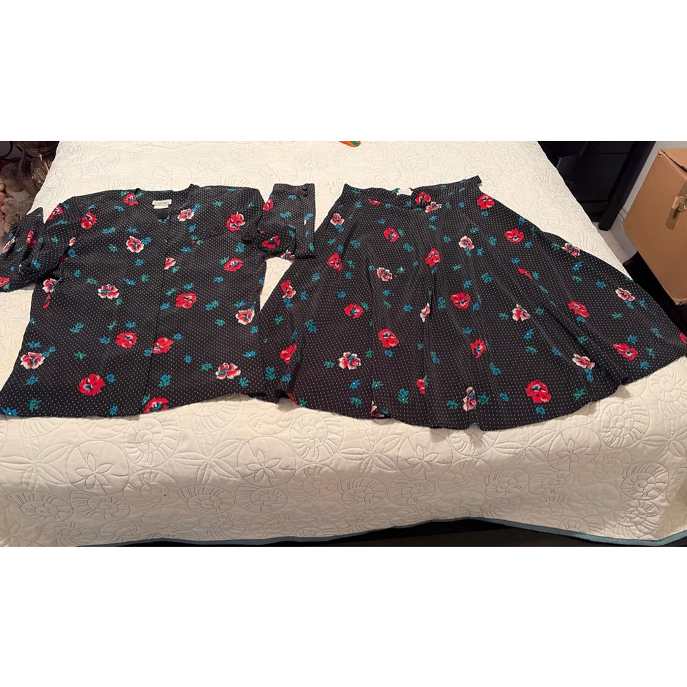 Women's CARMEL Black Red Floral Polka Dot Skirt Set, Size 14 #0026